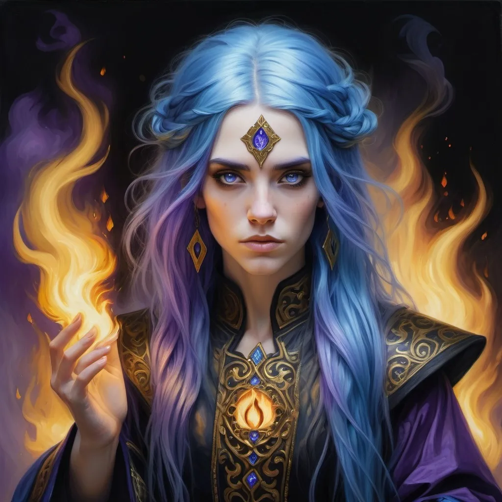 Prompt: fantasy realistic mystic painting of blue-haired, long hair, fire mage with black and gold ornate clothing medieval style, purple eyes