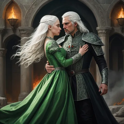 Prompt: realistic fantasy painting two Targaryens, a princess woman with white hair, man with a semi-long white hair, wearing green and black detailed ornate medievel gowns, dramatic scenery, powerful lighting, unhappy moment, an intense moment, love and anger