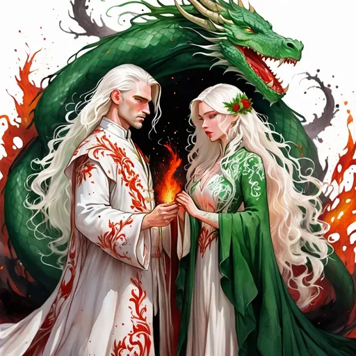 Prompt: digital watercolor painting, paint splatter, bold brush strokes, art nouveau, a targaryen wedding, semi-long white hair, detailed ornate cloth robes, royal, realistic, green and white,  dramatic, blood and fire wedding ritual, dragons, danger