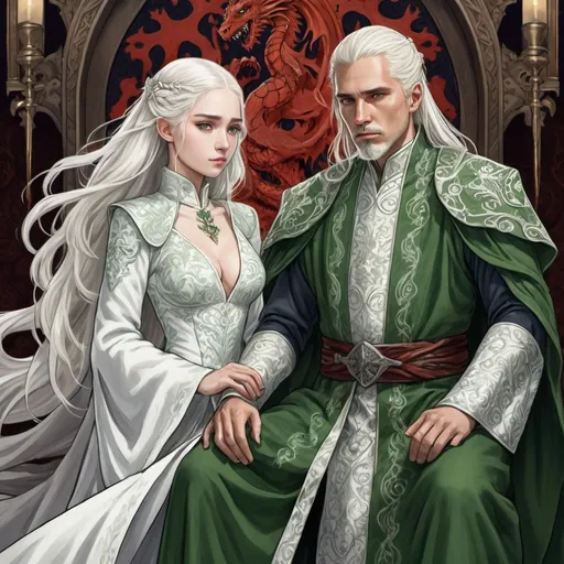 Prompt: tarot card Anime illustration, realistic, detailed ornate cloth robe, royal wedding, detail, less anime, two people, white and green colour, game of thrones themed, white longer hair, targaryen, fierce, dragons, blood, wedding ritual, valyria