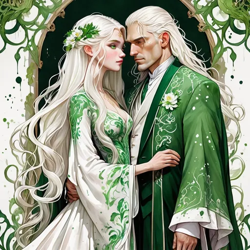 Prompt: digital watercolor painting, paint splatter, bold brush strokes, art nouveau, a targaryen wedding, long white hair, detailed ornate cloth robes, royal, realistic, green and white