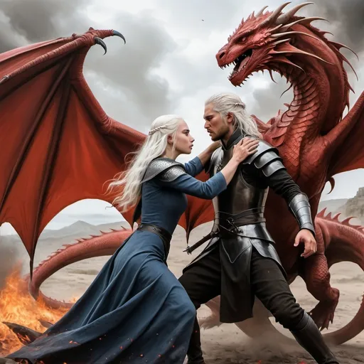 Prompt: realistic fantasy painting, two Targaryen, an intense fight between lovers