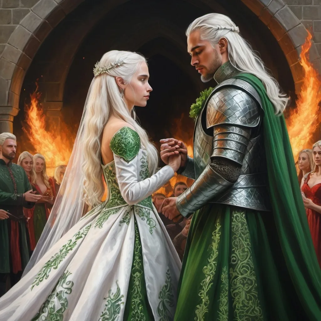 Prompt: realistic fantasy painting two Targaryens, wedding ceremony ritual, royal, extraordinary, white-hair, fire and blood, dance with dragons, green colours, medieval, detailed ornate gowns, artistic, young king, no beard