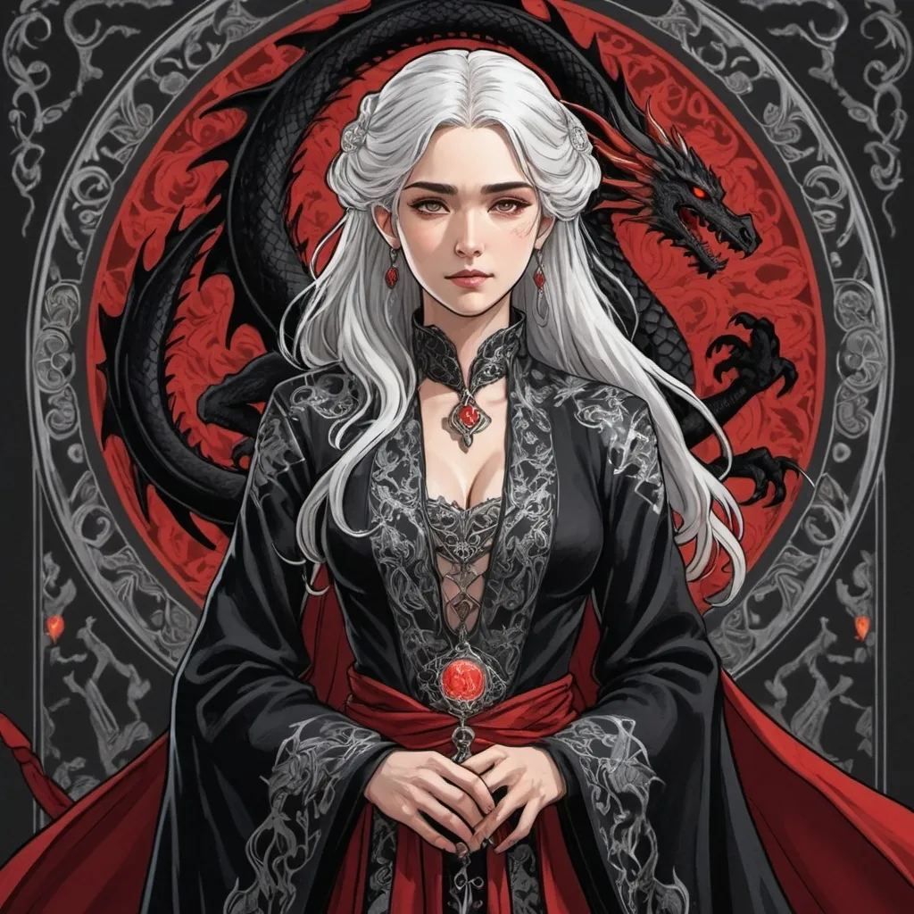 Prompt: tarot card Anime illustration, a silver-haired woman, detailed ornate black-and-red cloth robe, dramatic lighting, dragon embroidery motive, wedding dress, princess, Targaryen, Game of Thrones theme