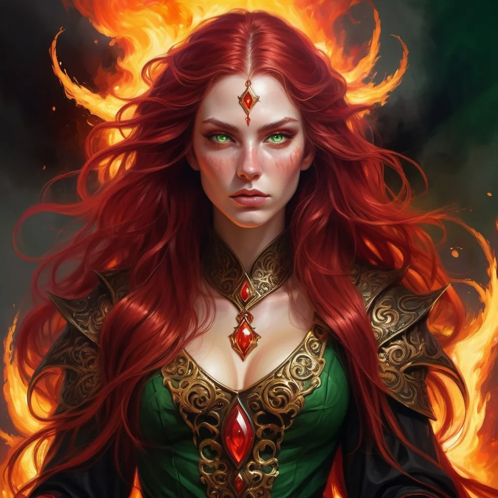 Prompt: fantasy realistic mystic painting of really truly RED crimson as blood hair, wild long wavy hair, female fire mage with black and gold ornate clothing medieval style, green eyes, fire, amulet, dramatic lighting, dragon witch princess warrior shape shifter