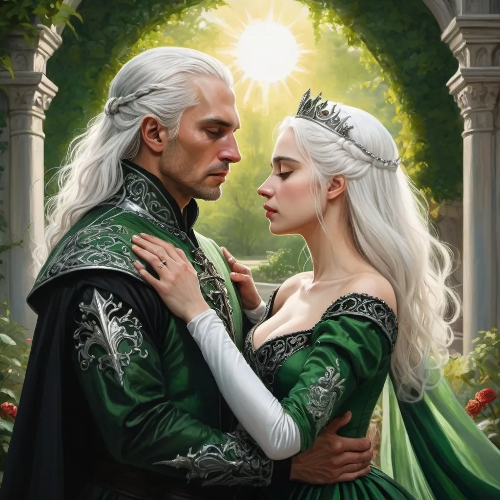 Prompt: realistic fantasy painting two Targaryens, a princess woman with white hair, man with a semi-long white hair, wearing green and black detailed ornate medievel gowns, dramatic scenery, powerful lighting, unhappy moment, an intense moment, love and anger, forehead kiss, garden, sun