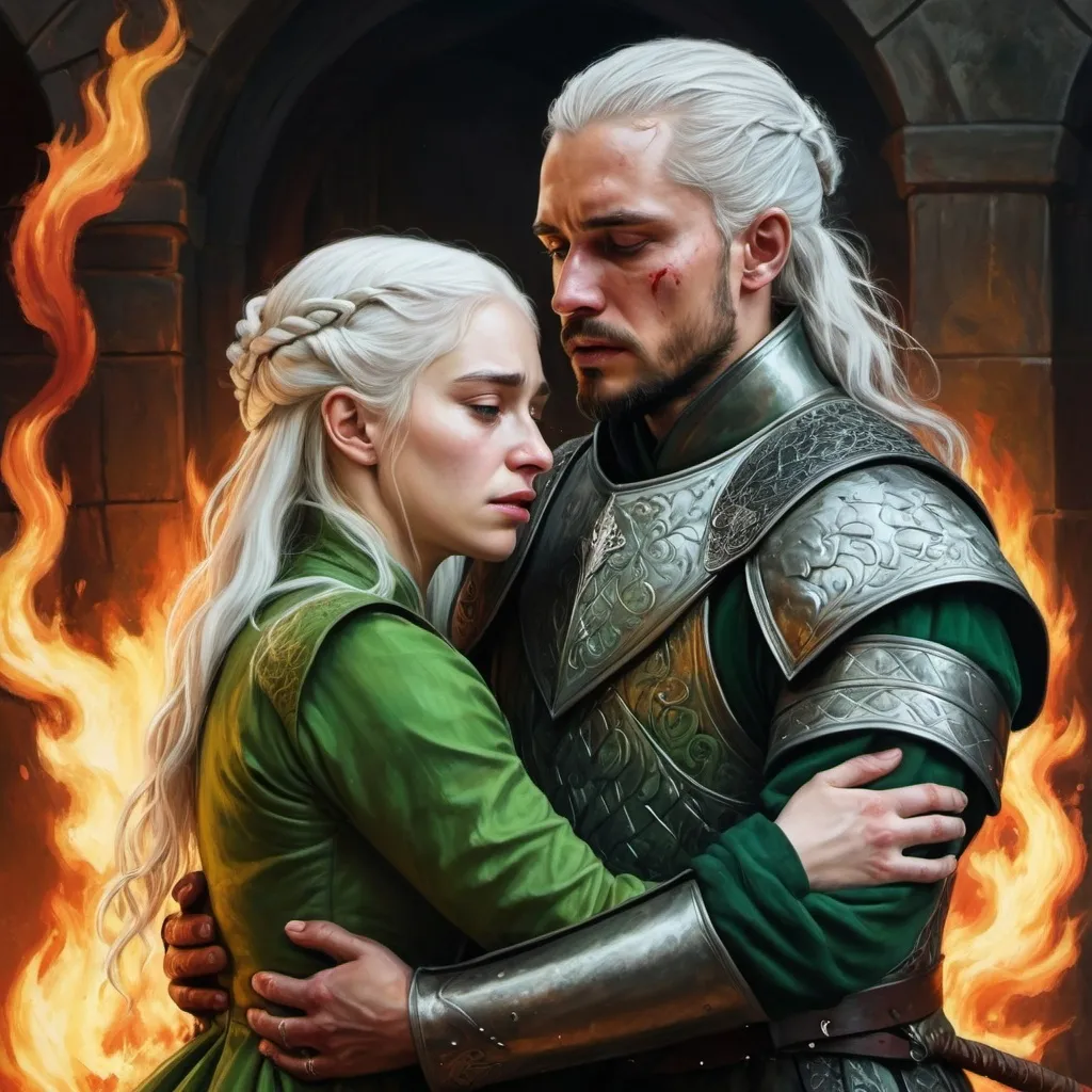 Prompt: realistic fantasy painting, dramatic ligting, green colours, two Targaryens, a woman is injured, dying in the arms of a man, white hair, blood, fire, game of thrones, medieval clothes, ornate detailed 