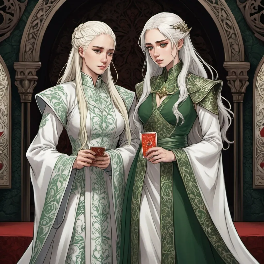 Prompt: tarot card Anime illustration, realistic, detailed ornate cloth robe, royal wedding, detail, less anime, two people, white and green colour, game of thrones themed, white longer hair, targaryen, fierce, dragons, blood, wedding ritual, valyria, hate and resentment