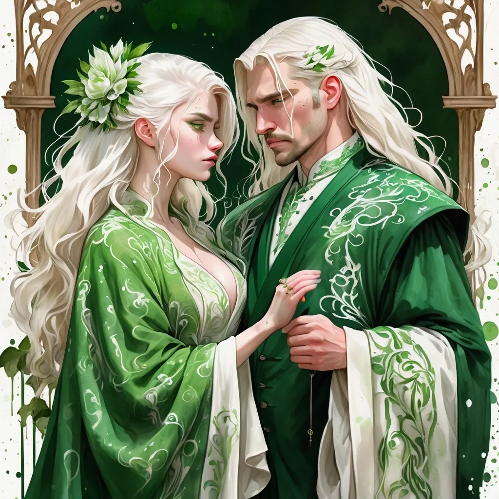 Prompt: digital watercolor painting, paint splatter, bold brush strokes, art nouveau, a targaryen wedding, semi-long white hair, detailed ornate cloth robes, royal, realistic, green and white, hate each other, drama