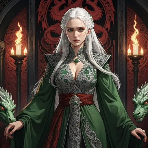 Prompt: tarot card Anime illustration, a silver-haired woman, detailed ornate green-and-black cloth robe, dramatic lighting, dragon embroidery motive, wedding dress, princess, Targaryen, Game of Thrones theme, wedding, man standing behind her, white hair, young dangerous, Aemond Targaryen, one eye, hate each other, forced marriage, blood