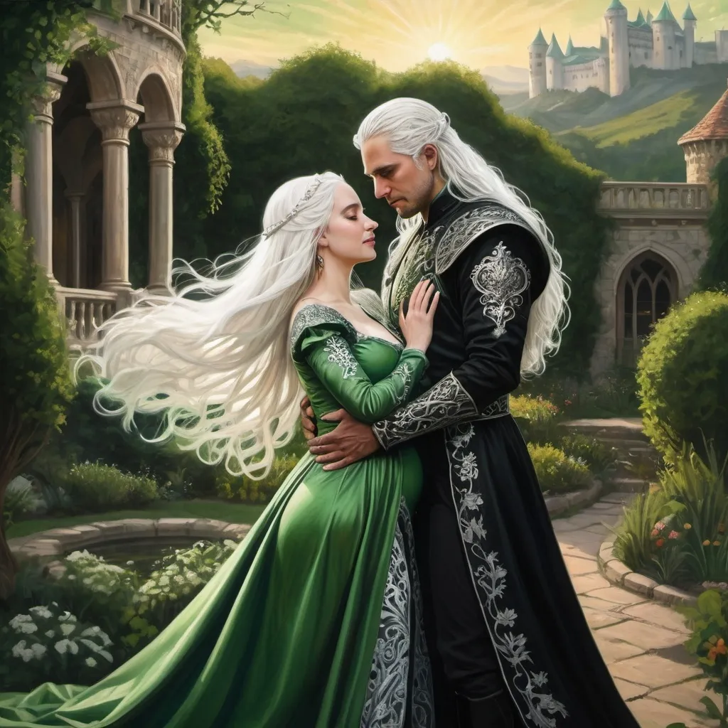 Prompt: realistic fantasy painting two Targaryens, a mildly pregnant princess woman with white hair, man with a semi-long white hair, wearing green and black detailed ornate medievel gowns, forbidden love, dramatic scenery, powerful lighting, happy moment, garden, sun