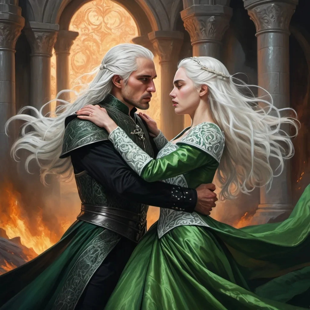 Prompt: realistic fantasy painting two Targaryens, a princess woman with white hair, man with a semi-long white hair, wearing green and black detailed ornate medievel gowns, dramatic scenery, powerful lighting, an intense fight between lovers