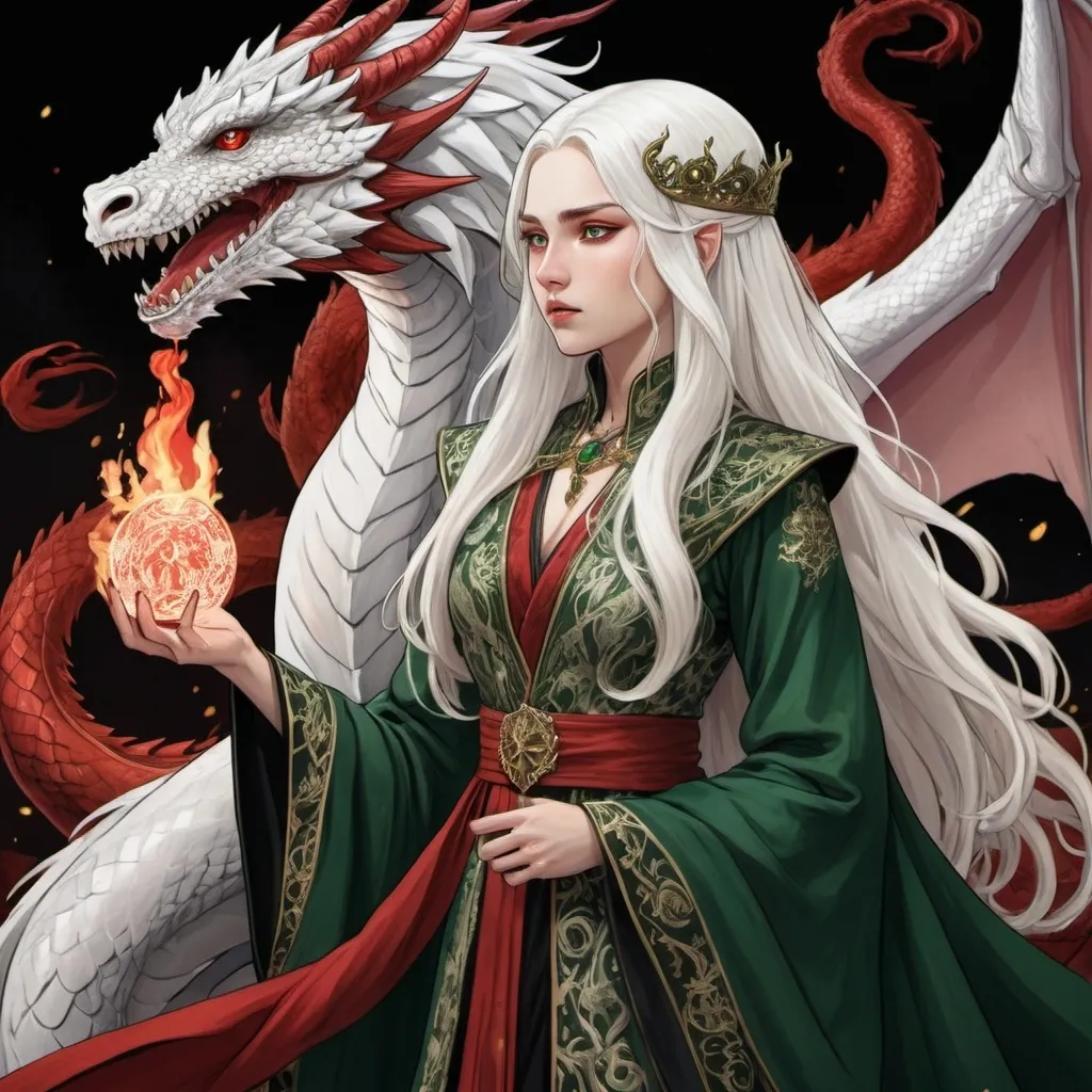 Prompt: tarot card Anime illustration, realistic, Princess Visenya and young king Aemond, white long hair, fierce, arrogant, detailed ornate cloth robe red-green-black, dramatic lighting, dragon ornaments, Targaryens, Game of Thrones theme, wedding gowns, animosity, fire and blood, hate