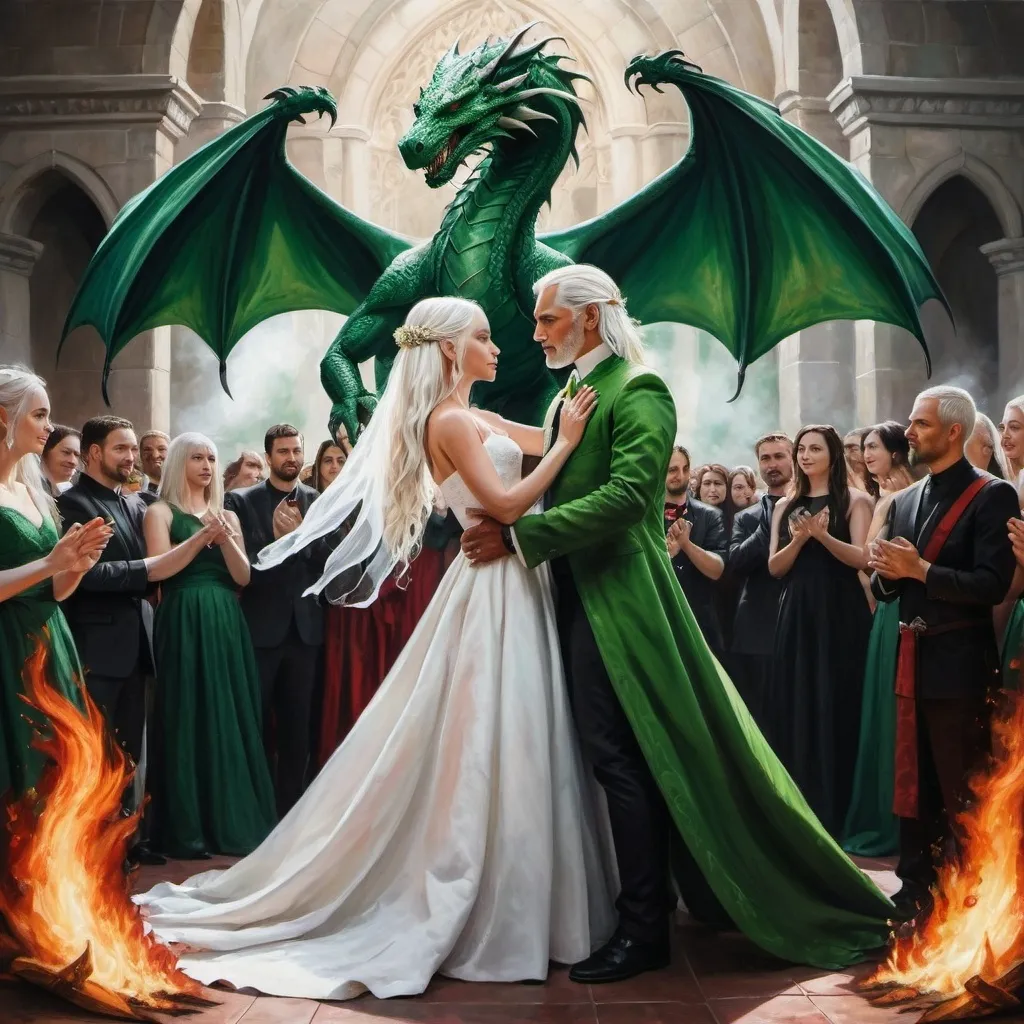 Prompt: realistic fantasy painting two Targaryens, wedding ceremony ritual, royal, extraordinary, white-hair, fire and blood, dance with dragons, green colours