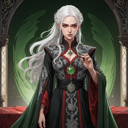 Prompt: tarot card Anime illustration, a silver-haired woman, detailed ornate black-and-red cloth robe, dramatic lighting, dragon embroidery motive, wedding dress, princess, Targaryen, Game of Thrones theme, man standing behind her, green dress, white hair, dangerous scarred look, Aemond Targaryen