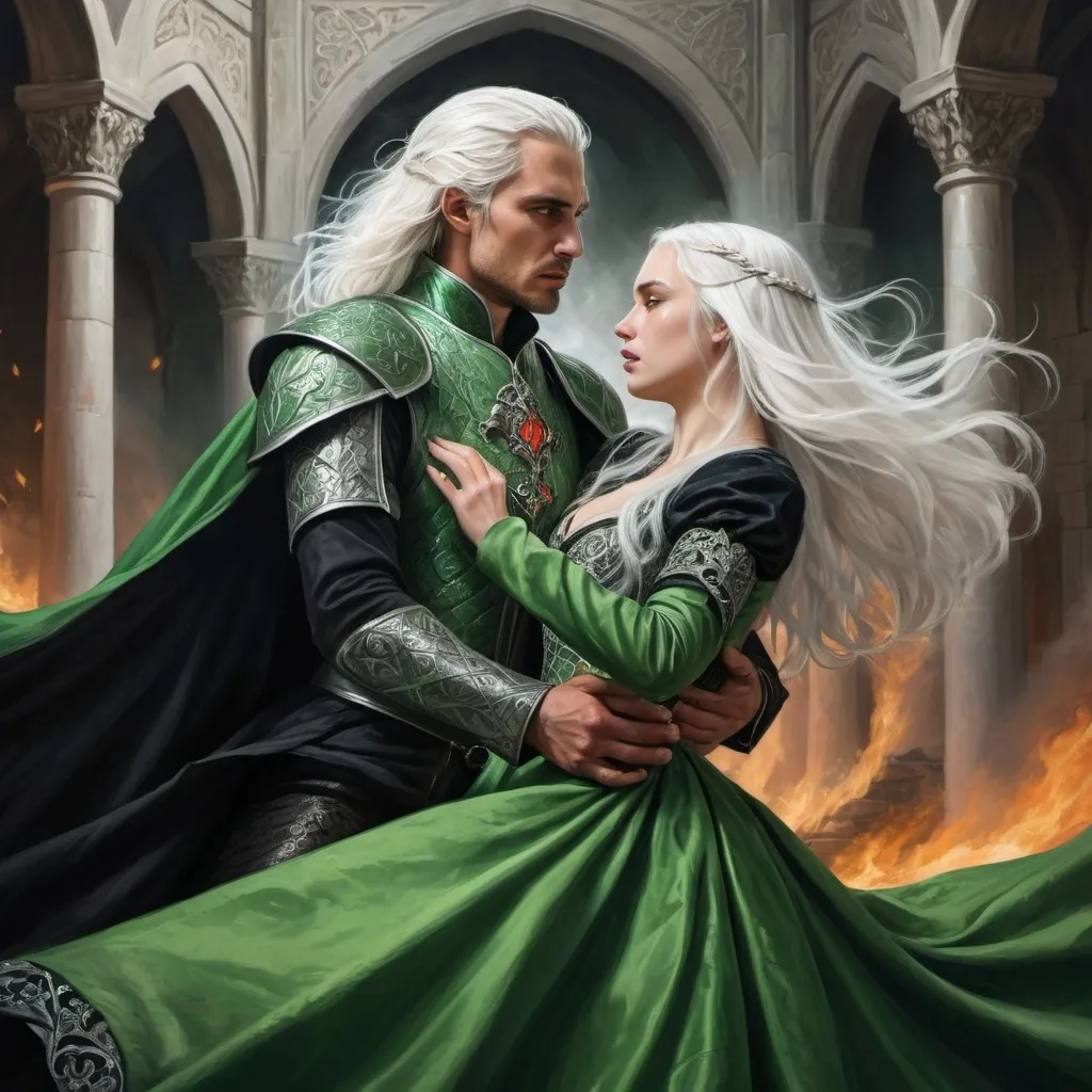 Prompt: realistic fantasy painting two Targaryens, a princess woman with white hair, man with a semi-long white hair, wearing green and black detailed ornate medievel gowns, dramatic scenery, powerful lighting, an intense fight between lovers