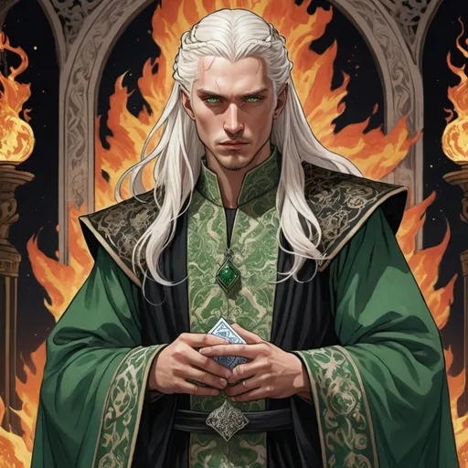 Prompt: tarot card Anime illustration, realistic, king Aemond Targaryen, white semi-long hair, fierce, arrogant, detailed ornate cloth robe green-black, dramatic lighting, dragon ornaments, Targaryens, Game of Thrones theme, wedding gowns, fire, scar on the face