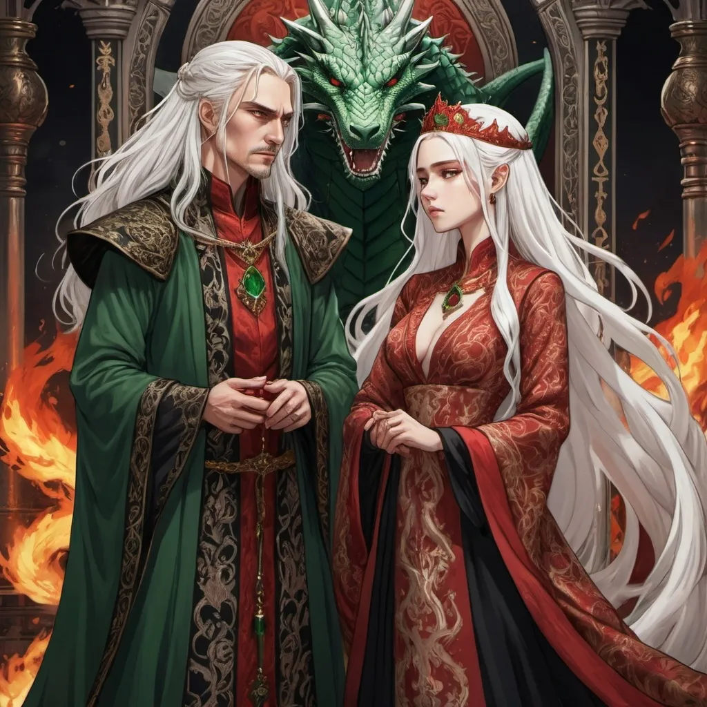 Prompt: tarot card Anime illustration, realistic, Princess Visenya and king Aemond hate each other, white long hair, fierce, arrogant, detailed ornate cloth robe red-green-black, dramatic lighting, dragon ornaments, Targaryens, Game of Thrones theme, wedding gowns, animosity, fire