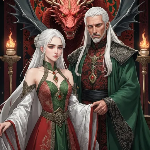 Prompt: tarot card Anime illustration, realistic, Princess Visenya and king Aemond, white hair, detailed ornate cloth robe red-green-black, dramatic lighting, dragon ornaments, Targaryens, Game of Thrones theme, wedding gowns, animosity, fire