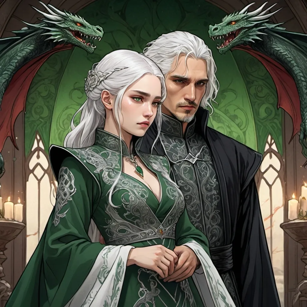 Prompt: tarot card Anime illustration, a silver-haired woman, detailed ornate green-and-black cloth robe, dramatic lighting, dragon embroidery motive, wedding dress, princess, Targaryen, Game of Thrones theme, wedding to a man standing behind her, white hair, young dangerous scarred look, Aemond Targaryen, hate each other, forced marriage, blood