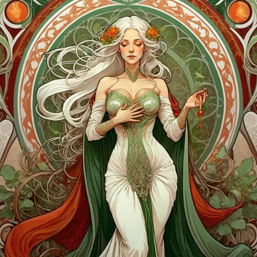 Prompt: Alphonse Mucha Style, art nouveau illustration of a full body, thick lines, intricate details, beautiful colors, a targaryen wedding, semi-long white hair, detailed ornate cloth robes, royal, realistic, green and white,  dramatic, blood and fire wedding ritual