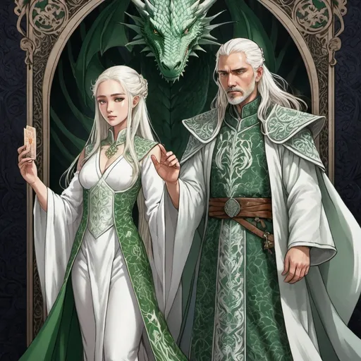 Prompt: tarot card Anime illustration, realistic, detailed ornate cloth robe, royal wedding, detail, less anime, two people, white and green colour, game of thrones themed, white longer hair, targaryen, fierce, dragons