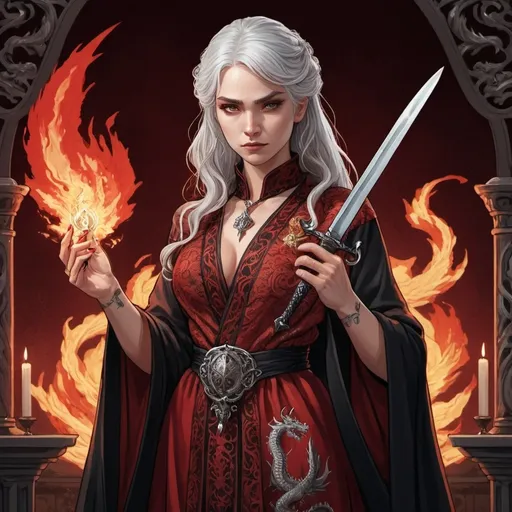 Prompt: tarot card Anime illustration, a silver-haired fierce woman, wedding day, detailed ornate red-and-black cloth robe, dramatic lighting, dragon embroidery motive, holding a dagger, blood, fire, Targaryen, Game of Thrones theme
