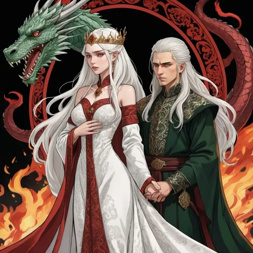 Prompt: tarot card Anime illustration, realistic, Princess Visenya and young king Aemond, white long hair, fierce, arrogant, detailed ornate cloth robe red-green-black, dramatic lighting, dragon ornaments, Targaryens, Game of Thrones theme, wedding gowns, animosity, fire, hate each other