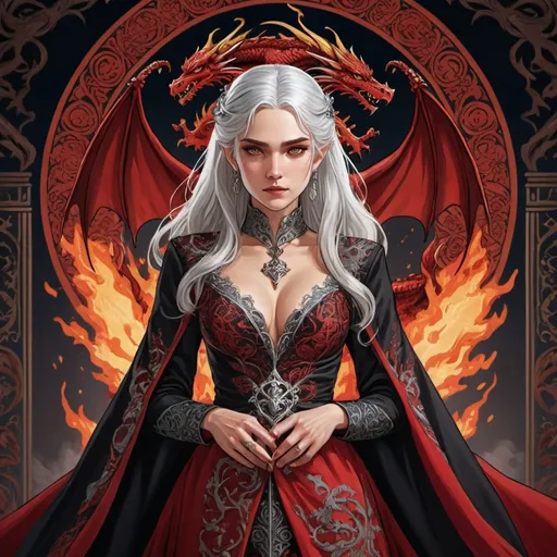 Prompt: tarot card Anime illustration, a silver-haired fierce woman, wedding, detailed ornate red-and-black cloth robe, dramatic lighting, dragon embroidery motive, wedding dress, princess, Targaryen, Game of Thrones theme, blood, fire