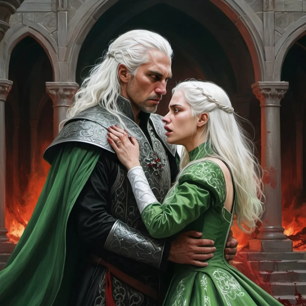 Prompt: realistic fantasy painting two Targaryens, a princess woman with white hair, man with a semi-long white hair, wearing green and black detailed ornate medievel gowns, dramatic scenery, powerful lighting, unhappy moment, angry argument, blood, hatered, love