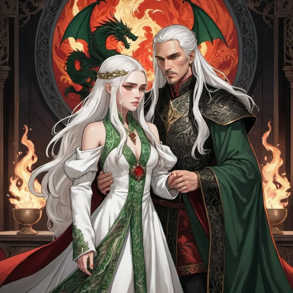 Prompt: tarot card Anime illustration, realistic, Princess Visenya and young king Aemond, white long hair, fierce, arrogant, detailed ornate cloth robe red-green-black, dramatic lighting, dragon ornaments, Targaryens, Game of Thrones theme, wedding gowns, animosity, fire, hate