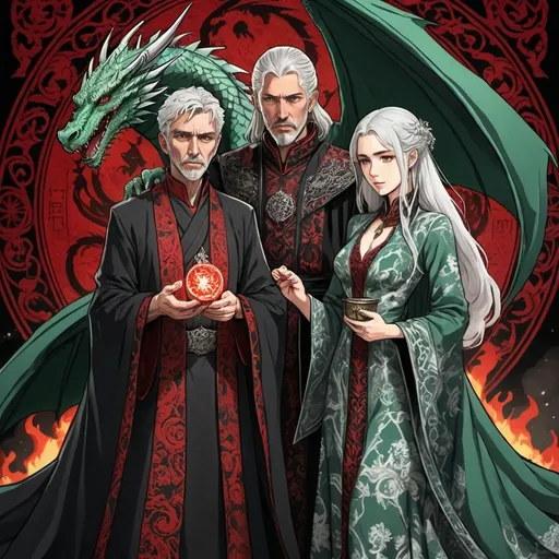 Prompt: tarot card Anime illustration, a silver-haired man and woman, detailed ornate cloth robe red-green-black, dramatic lighting, dragon ornaments, Targaryens, Game of Thrones theme, wedding gowns, animosity, fire