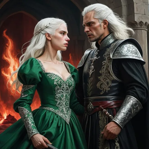 Prompt: realistic fantasy painting two Targaryens, a princess woman with white hair, man with a semi-long white hair, wearing green and black detailed ornate medievel gowns, dramatic scenery, powerful lighting, unhappy moment, angry argument, blood, hatered, love