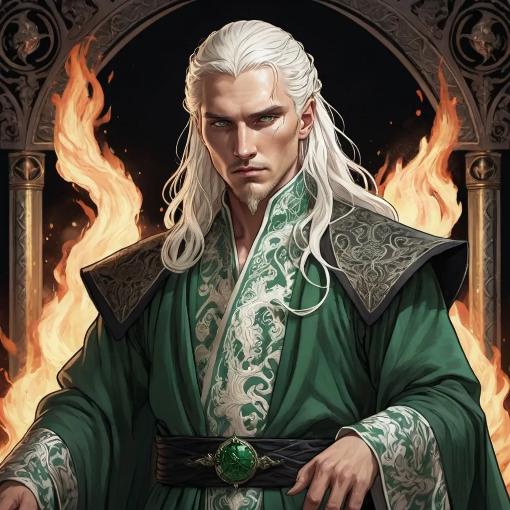 Prompt: tarot card Anime illustration, realistic, king Aemond Targaryen, white semi-long hair, fierce, arrogant, detailed ornate cloth robe green-black, dramatic lighting, dragon ornaments, Targaryens, Game of Thrones theme, wedding gowns, fire, scar on the face