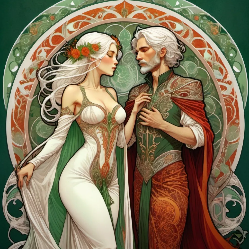 Prompt: Alphonse Mucha Style, art nouveau illustration of two full bodies, thick lines, intricate details, beautiful colors, a targaryen wedding, semi-long white hair, detailed ornate cloth robes, royal, realistic, green and white,  dramatic, blood and fire wedding ritual