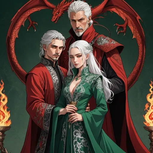 Prompt: tarot card Anime illustration, power duo, a silver-haired fierce woman, wedding day, detailed ornate red-and-black cloth robe, dramatic lighting, dragon embroidery motive, blood, fire, Targaryen, Game of Thrones theme, and a silver-haired man dressed in green, he is the king, young