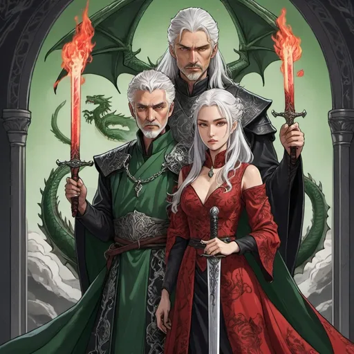 Prompt: tarot card Anime illustration, power duo, a silver-haired fierce woman, wedding day, detailed ornate red-and-black cloth robe, dramatic lighting, dragon embroidery motive, holding a dagger, blood, fire, Targaryen, Game of Thrones theme, and a silver-haired man dressed in green, holding sword, he is the king, young