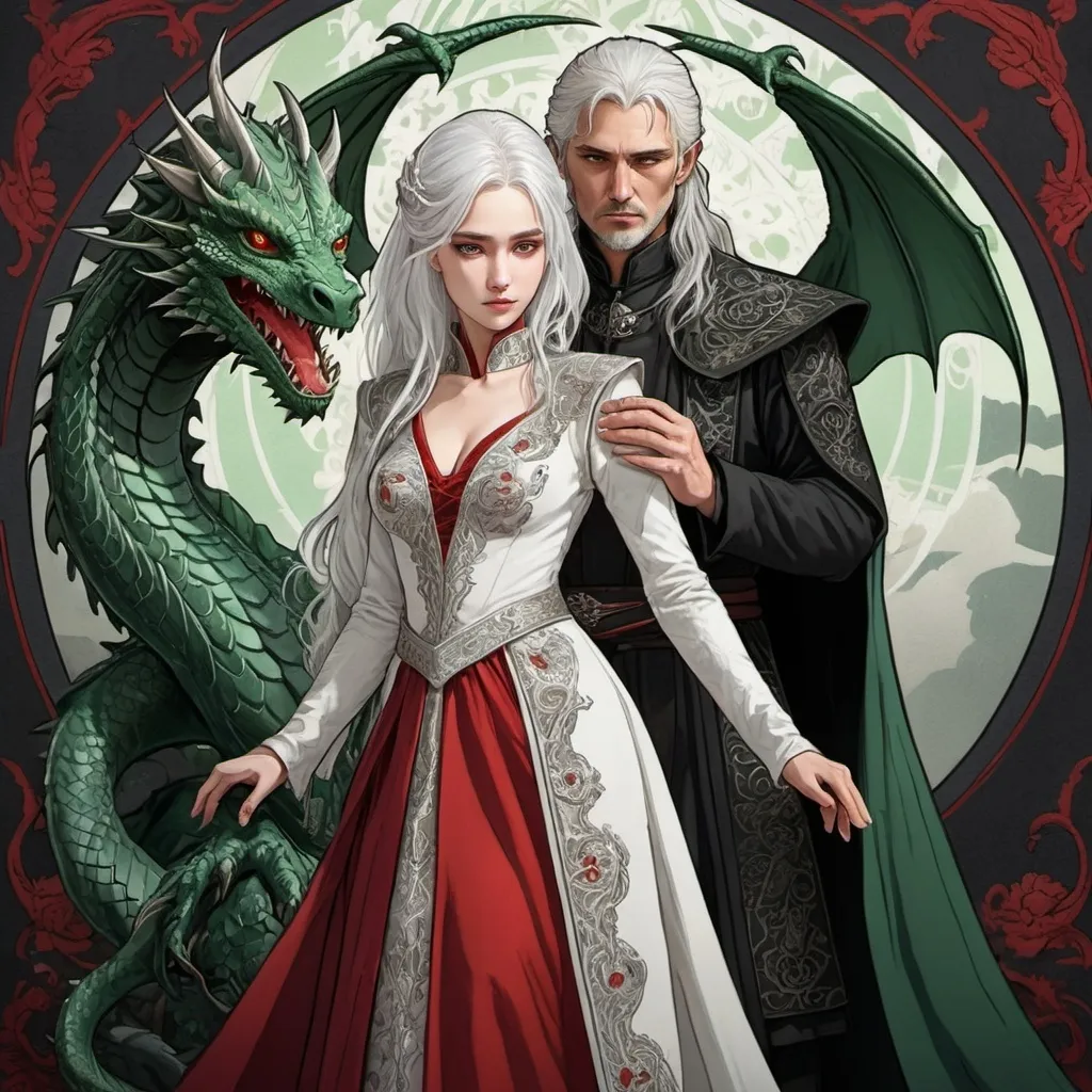 Prompt: tarot card Anime illustration, a silver-haired woman, detailed ornate green-and-black cloth robe, red motive, dramatic lighting, dragon embroidery motive, wedding dress, princess, Targaryen, Game of Thrones theme, wedding to a man standing behind her, white hair, young dangerous scarred look, Aemond Targaryen, hate each other, detailed