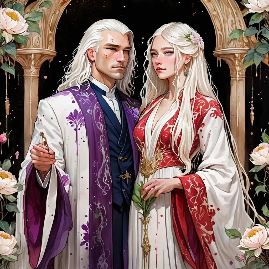 Prompt: digital watercolor painting, paint splatter, bold brush strokes, art nouveau, a targaryen wedding, long white hair, detailed ornate cloth robes, royal, realistic