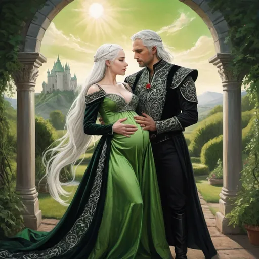 Prompt: realistic fantasy painting two Targaryens, a mildly pregnant princess woman with white hair, man with a semi-long white hair, wearing green and black detailed ornate medievel gowns, forbidden love, dramatic scenery, powerful lighting, happy moment, garden, sun