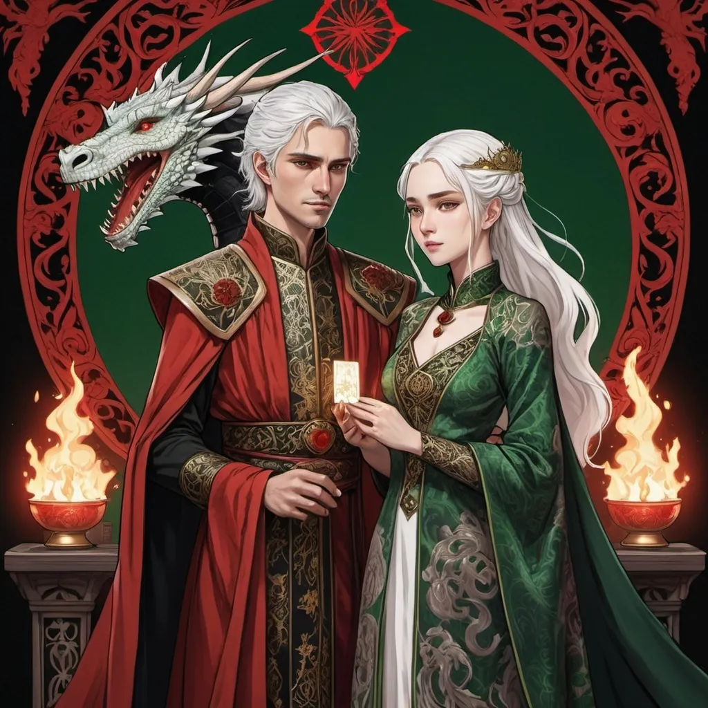 Prompt: tarot card Anime illustration, realistic, Princess Visenya and young king Aemond, white hair, detailed ornate cloth robe red-green-black, dramatic lighting, dragon ornaments, Targaryens, Game of Thrones theme, wedding gowns, animosity, fire