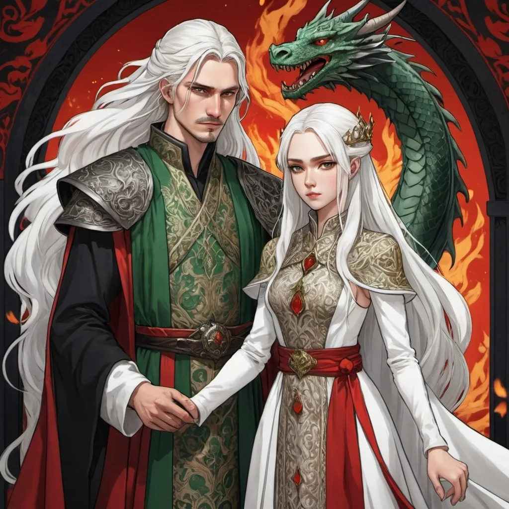 Prompt: tarot card Anime illustration, realistic, Princess Visenya and young king Aemond, white long hair, fierce, arrogant, detailed ornate cloth robe red-green-black, dramatic lighting, dragon ornaments, Targaryens, Game of Thrones theme, wedding gowns, animosity, fire, hate