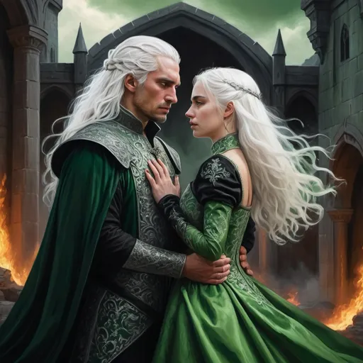 Prompt: realistic fantasy painting two Targaryens, a princess woman with white hair, man with a semi-long white hair, wearing green and black detailed ornate medievel gowns, dramatic scenery, powerful lighting, unhappy moment, an intense moment, love and anger