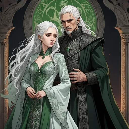 Prompt: tarot card Anime illustration, a silver-haired woman, detailed ornate green-and-black cloth robe, dramatic lighting, dragon embroidery motive, wedding dress, princess, Targaryen, Game of Thrones theme, wedding to a man standing behind her, white hair, young dangerous scarred look, Aemond Targaryen, hate each other, forced marriage