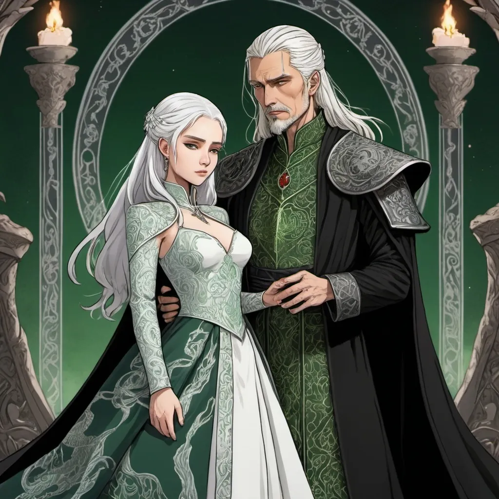 Prompt: tarot card Anime illustration, a wedding of two people, a silver-haired woman, detailed ornate green-and-black cloth robe, dramatic lighting, dragon embroidery motive, wedding dress, princess, Targaryen, Game of Thrones theme, with a man standing behind her, white hair, young dangerous scarred look, Aemond Targaryen, hate each other