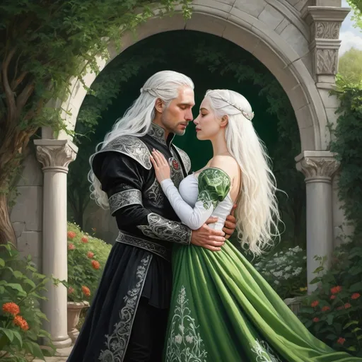 Prompt: realistic fantasy painting two Targaryens, a mildly pregnant princess woman with white hair, man with a semi-long white hair, wearing green and black detailed ornate medievel gowns, forbidden love, dramatic scenery, powerful lighting, happy moment, garden, sun