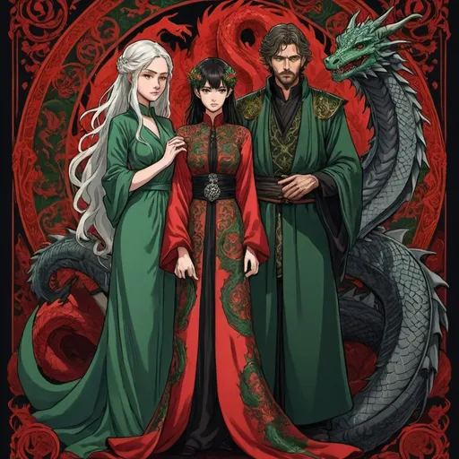Prompt: tarot card Anime illustration, two people, man and woman, detailed ornate cloth robe red-green-black, dramatic lighting, dragon ornaments, Targaryens, Game of Thrones theme, wedding gowns, animosity, fire