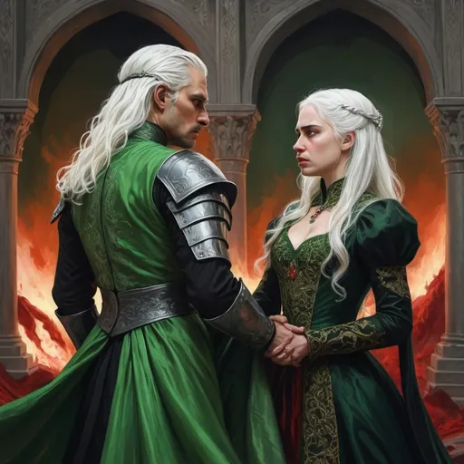 Prompt: realistic fantasy painting two Targaryens, a princess woman with white hair, man with a semi-long white hair, wearing green and black detailed ornate medievel gowns, dramatic scenery, powerful lighting, unhappy moment, angry argument, blood, hatered, love