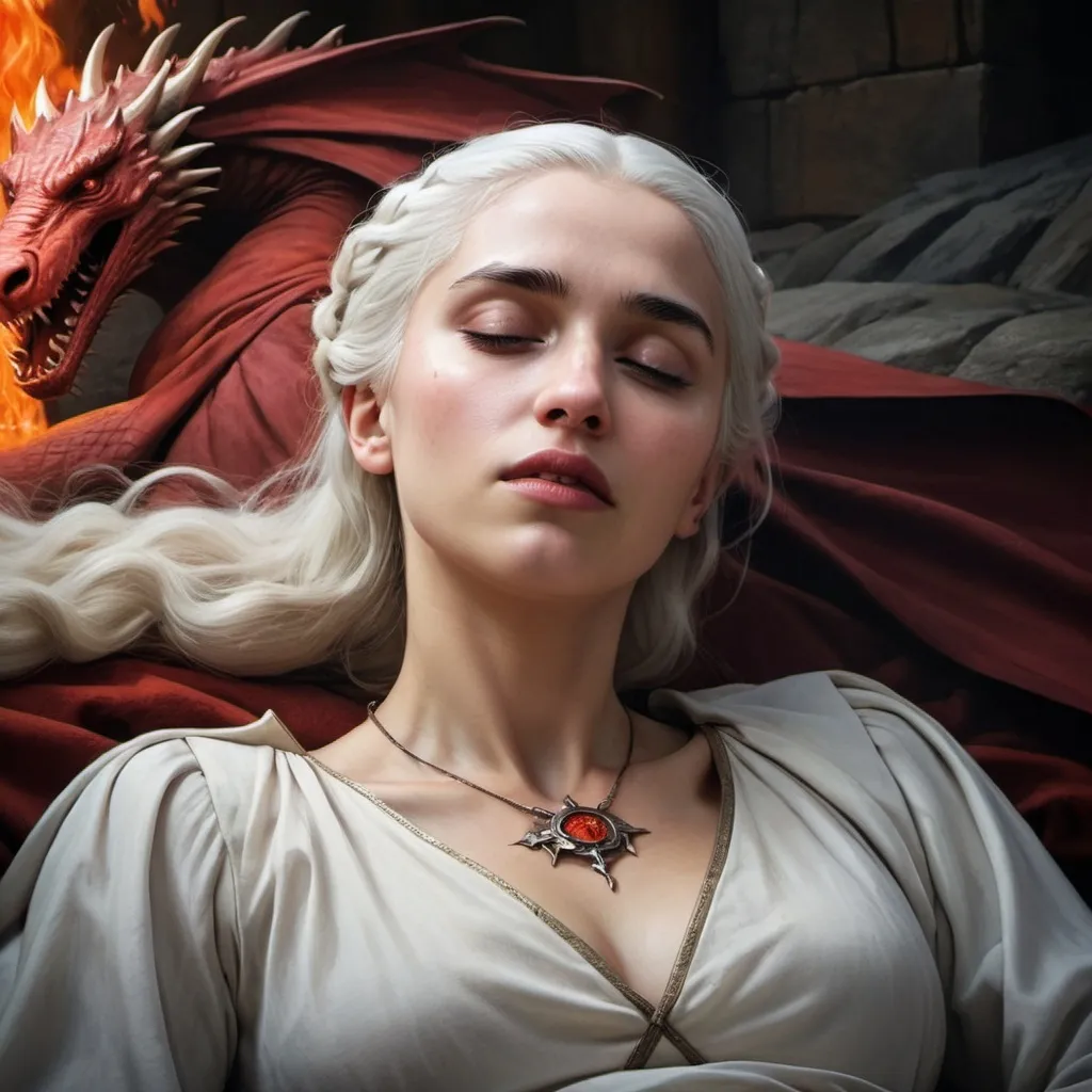 Prompt: fantasy realistic mystic painting of Visenya Targaryen dying 