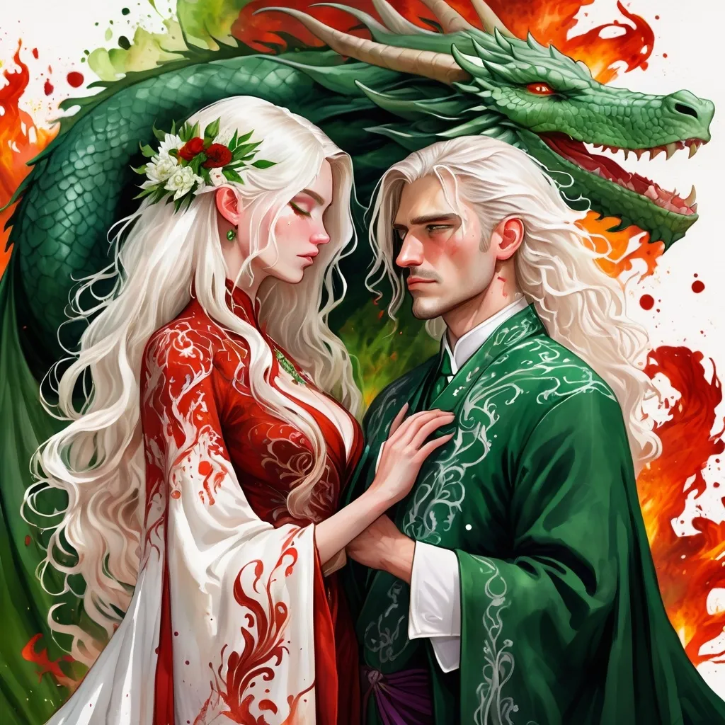 Prompt: digital watercolor painting, paint splatter, bold brush strokes, art nouveau, a targaryen wedding, semi-long white hair, detailed ornate cloth robes, royal, realistic, green and white,  dramatic, blood and fire wedding ritual, dragon motive, forbidden love